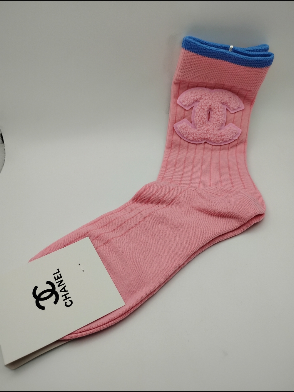 CHANEL Women's Pink Crew Socks with Blue Trim Authentic - Picture 2 of 3